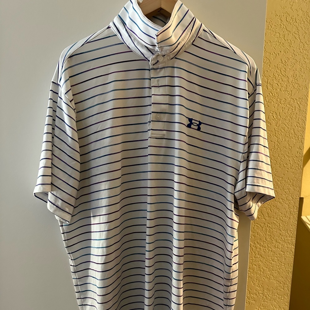 Purple and white under armour golf polo shirt
